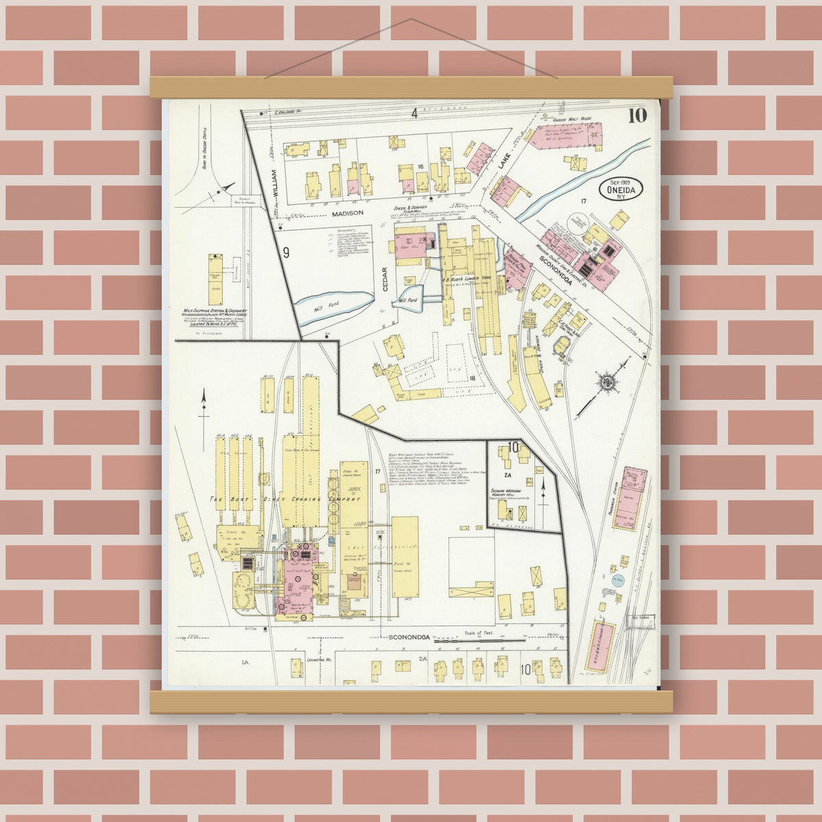 Old map wall art mockup — magnetic wood frame on brick wall — Sanborn Fire Insurance Map from Oneida, Madison County, New York (1909), Sheet #0010