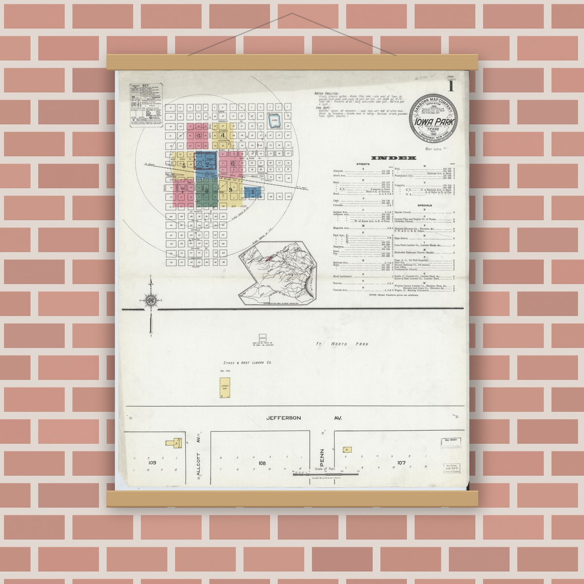 Old map wall art mockup — magnetic wood frame on brick wall — Sanborn Fire Insurance Map from Iowa Park, Wichita County, Texas (1921) - Complete Map Set