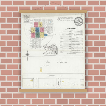 Old map wall art mockup — magnetic wood frame on brick wall — Sanborn Fire Insurance Map from Iowa Park, Wichita County, Texas (1921) - Complete Map Set