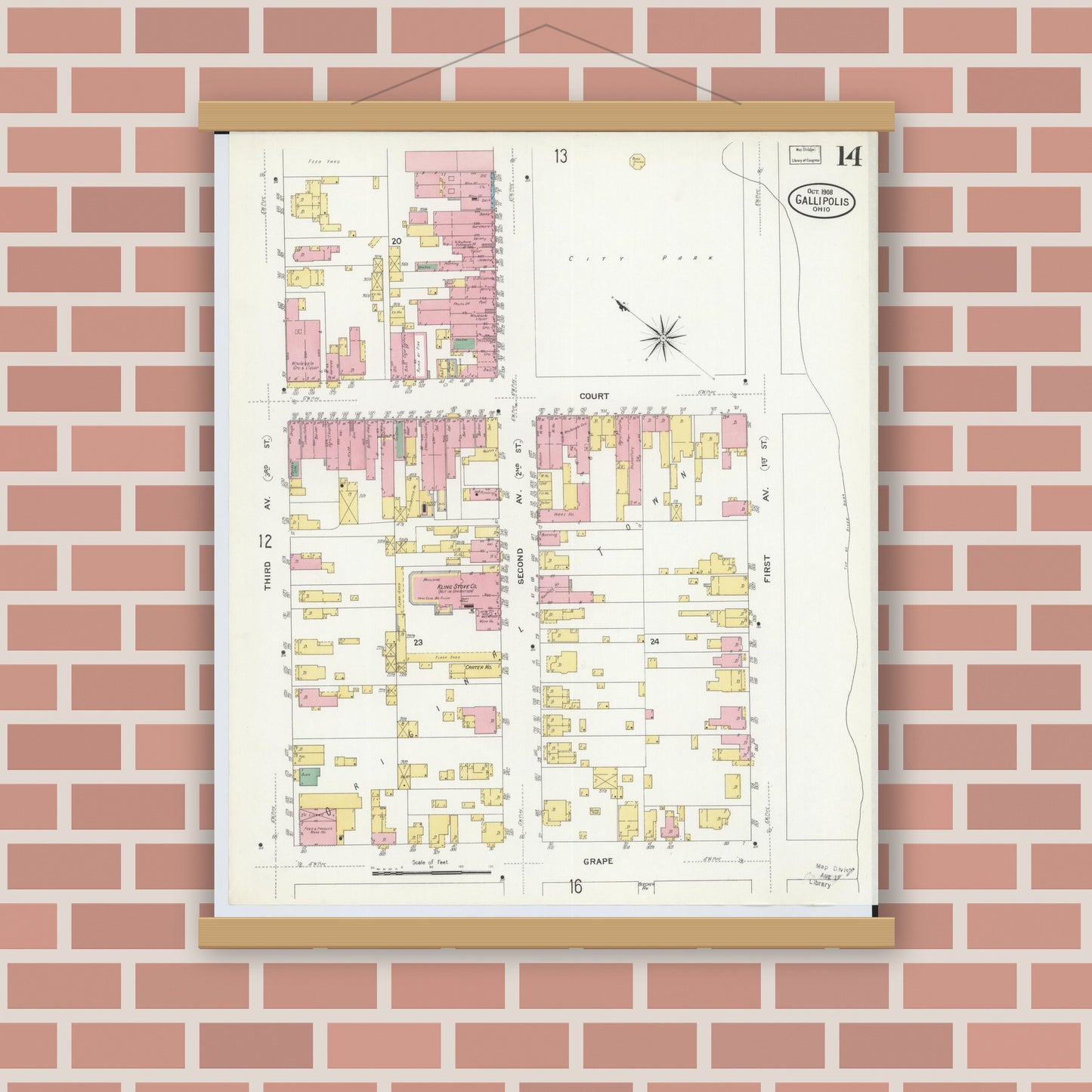 Old map wall art mockup — magnetic wood frame on brick wall — Sanborn Fire Insurance Map from Gallipolis, Gallia County, Ohio (1908), Sheet #0014