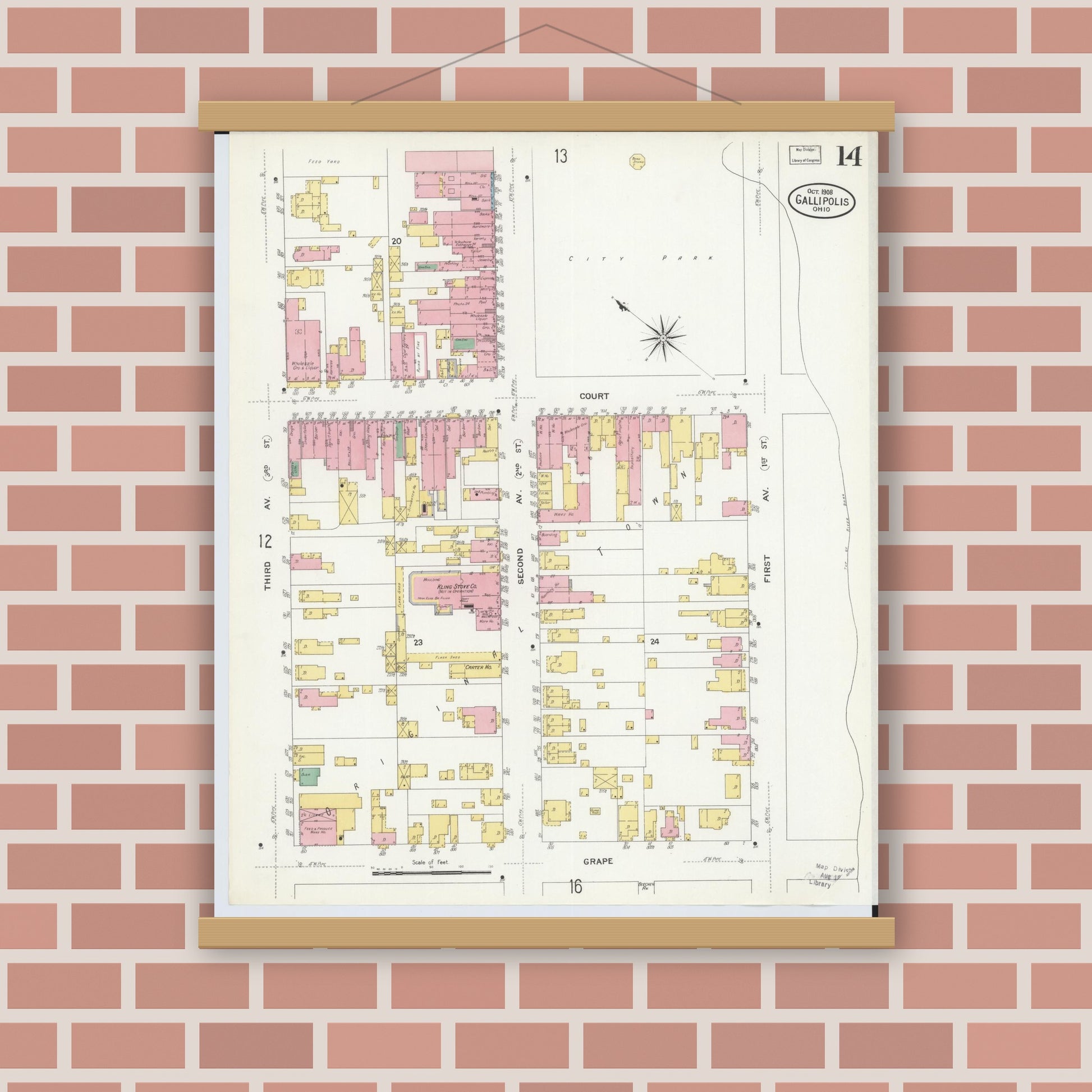Old map wall art mockup — magnetic wood frame on brick wall — Sanborn Fire Insurance Map from Gallipolis, Gallia County, Ohio (1908), Sheet #0014