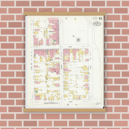 Old map wall art mockup — magnetic wood frame on brick wall — Sanborn Fire Insurance Map from Gallipolis, Gallia County, Ohio (1908), Sheet #0014