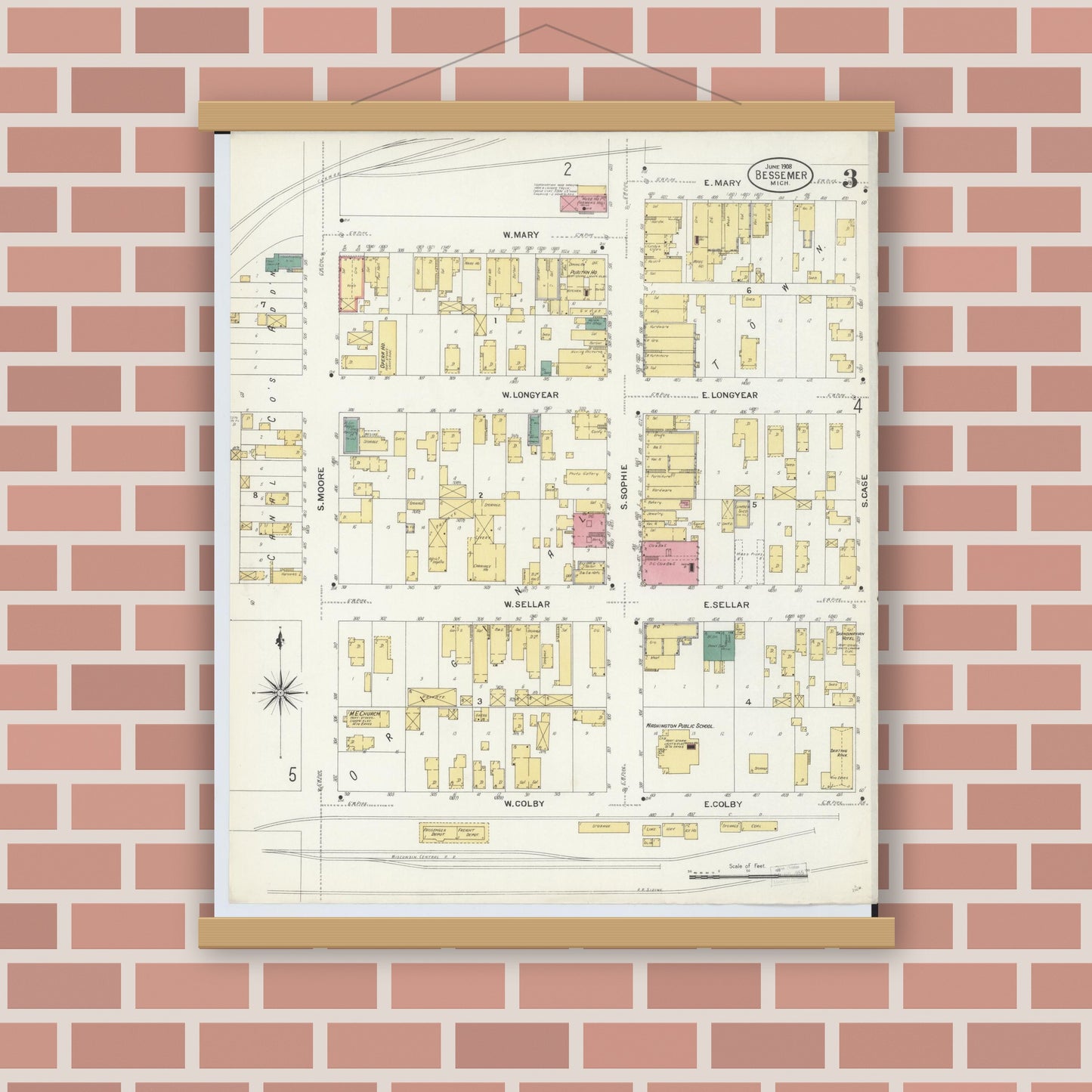Old map wall art mockup — magnetic wood frame on brick wall — Sanborn Fire Insurance Map from Bessemer, Gogebic County, Michigan (1908), Sheet #0003