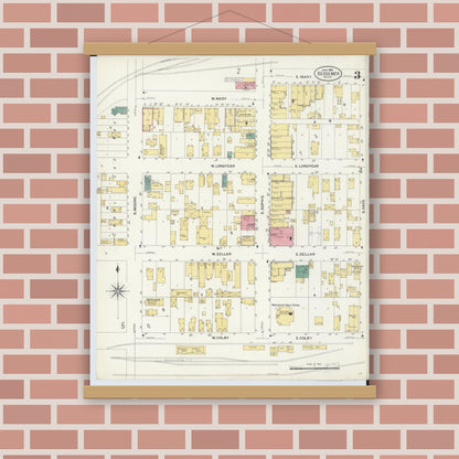 Old map wall art mockup — magnetic wood frame on brick wall — Sanborn Fire Insurance Map from Bessemer, Gogebic County, Michigan (1908), Sheet #0003