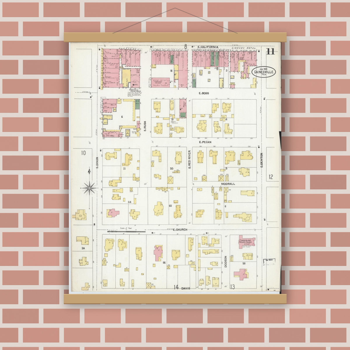 Old map wall art mockup — magnetic wood frame on brick wall — Sanborn Fire Insurance Map from Gainesville, Cooke County, Texas (1902), Sheet #0011