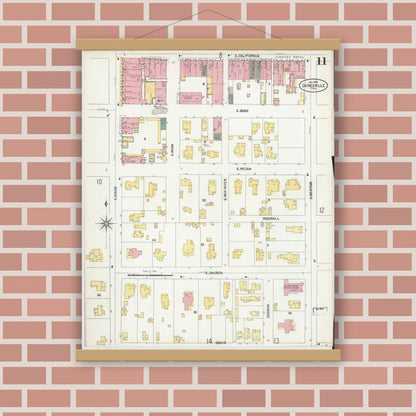 Old map wall art mockup — magnetic wood frame on brick wall — Sanborn Fire Insurance Map from Gainesville, Cooke County, Texas (1902), Sheet #0011