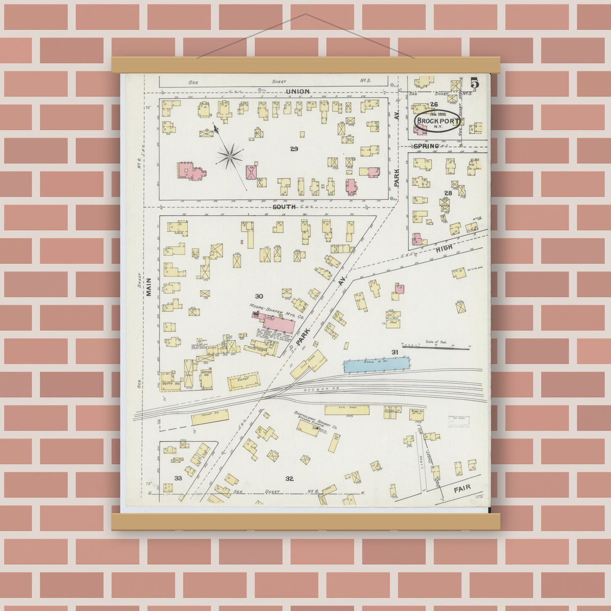 Old map wall art mockup — magnetic wood frame on brick wall — Sanborn Fire Insurance Map from Brockport, Monroe County, New York (1892), Sheet #0005