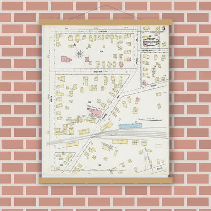 Old map wall art mockup — magnetic wood frame on brick wall — Sanborn Fire Insurance Map from Brockport, Monroe County, New York (1892), Sheet #0005