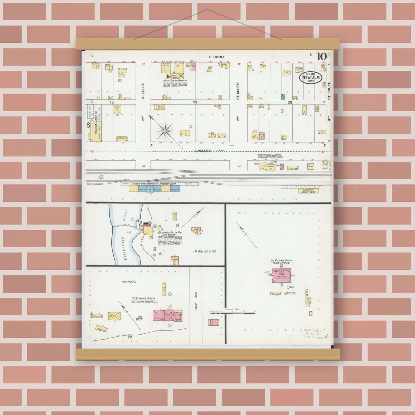 Old map wall art mockup — magnetic wood frame on brick wall — Sanborn Fire Insurance Map from New Ulm, Brown County, Minnesota (1899), Sheet #0010