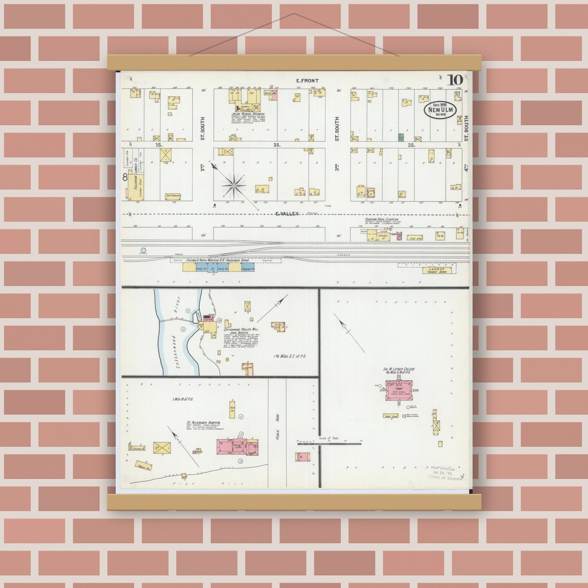 Old map wall art mockup — magnetic wood frame on brick wall — Sanborn Fire Insurance Map from New Ulm, Brown County, Minnesota (1899), Sheet #0010