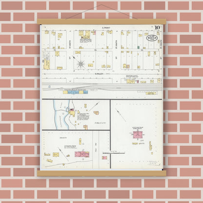 Old map wall art mockup — magnetic wood frame on brick wall — Sanborn Fire Insurance Map from New Ulm, Brown County, Minnesota (1899), Sheet #0010