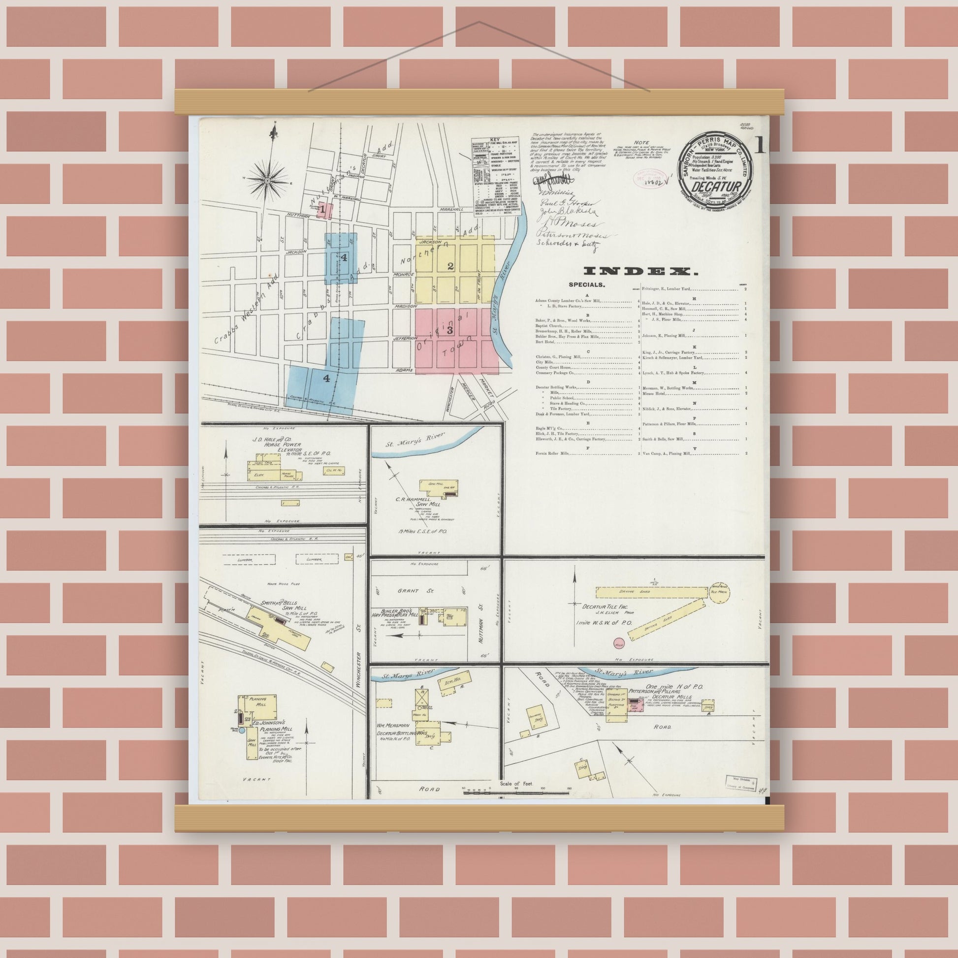 Old map wall art mockup — magnetic wood frame on brick wall — Sanborn Fire Insurance Map from Decatur, Adams County, Indiana (1890) - Complete Map Set