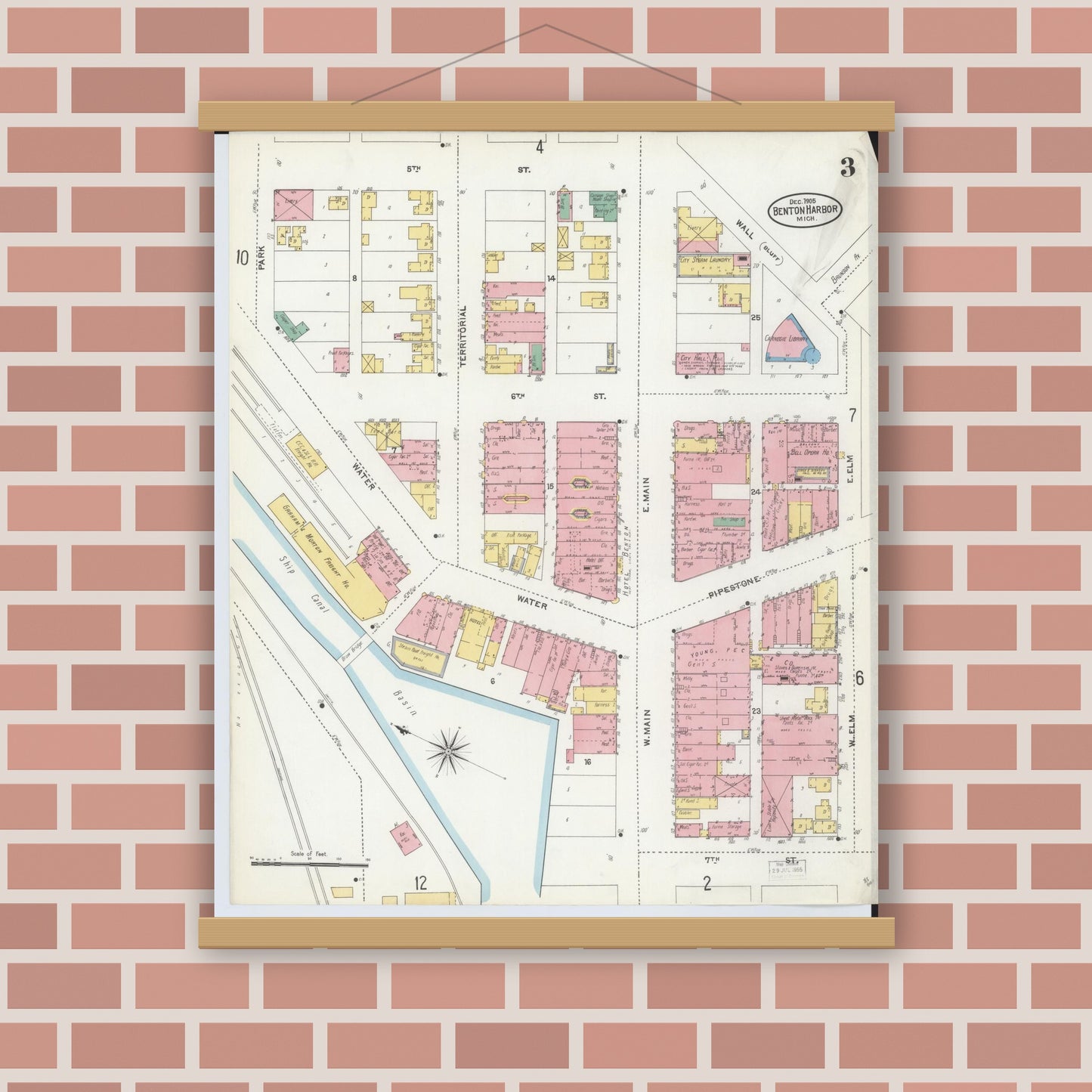 Old map wall art mockup — magnetic wood frame on brick wall — Sanborn Fire Insurance Map from Benton Harbor, Berrien County, Michigan (1905), Sheet #0003