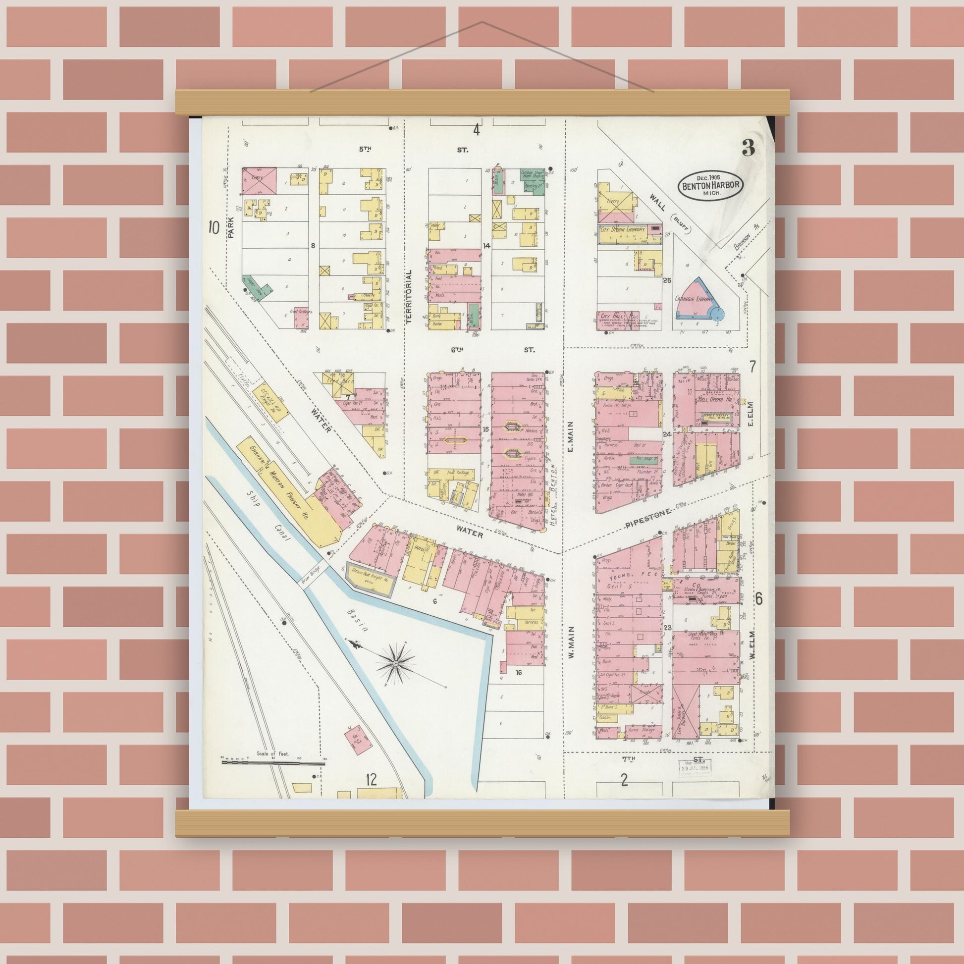 Old map wall art mockup — magnetic wood frame on brick wall — Sanborn Fire Insurance Map from Benton Harbor, Berrien County, Michigan (1905), Sheet #0003