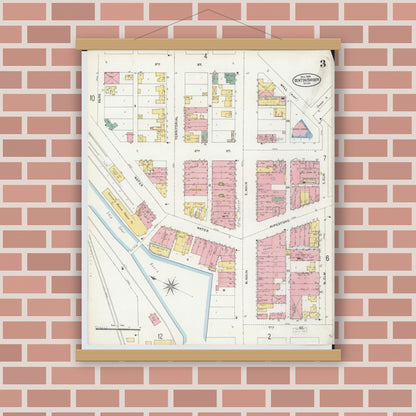 Old map wall art mockup — magnetic wood frame on brick wall — Sanborn Fire Insurance Map from Benton Harbor, Berrien County, Michigan (1905), Sheet #0003