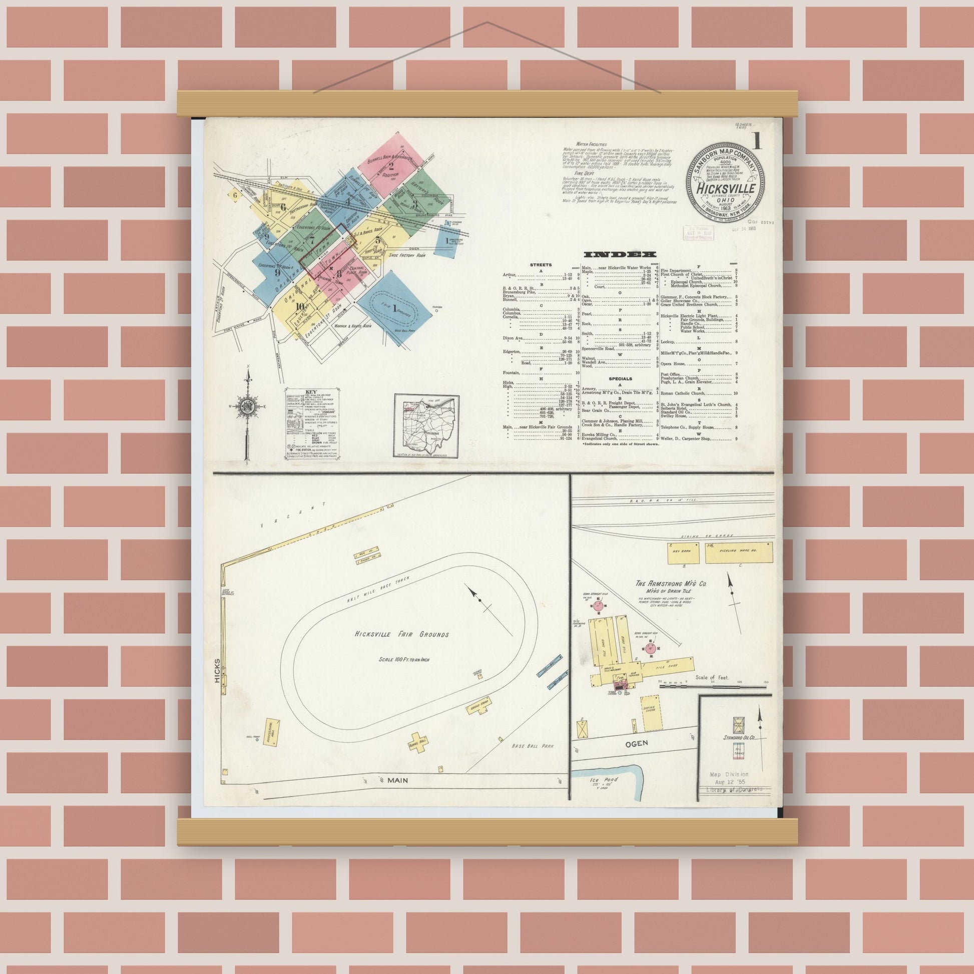 Old map wall art mockup — magnetic wood frame on brick wall — Sanborn Fire Insurance Map from Hicksville, Defiance County, Ohio (1913), Sheet #0001