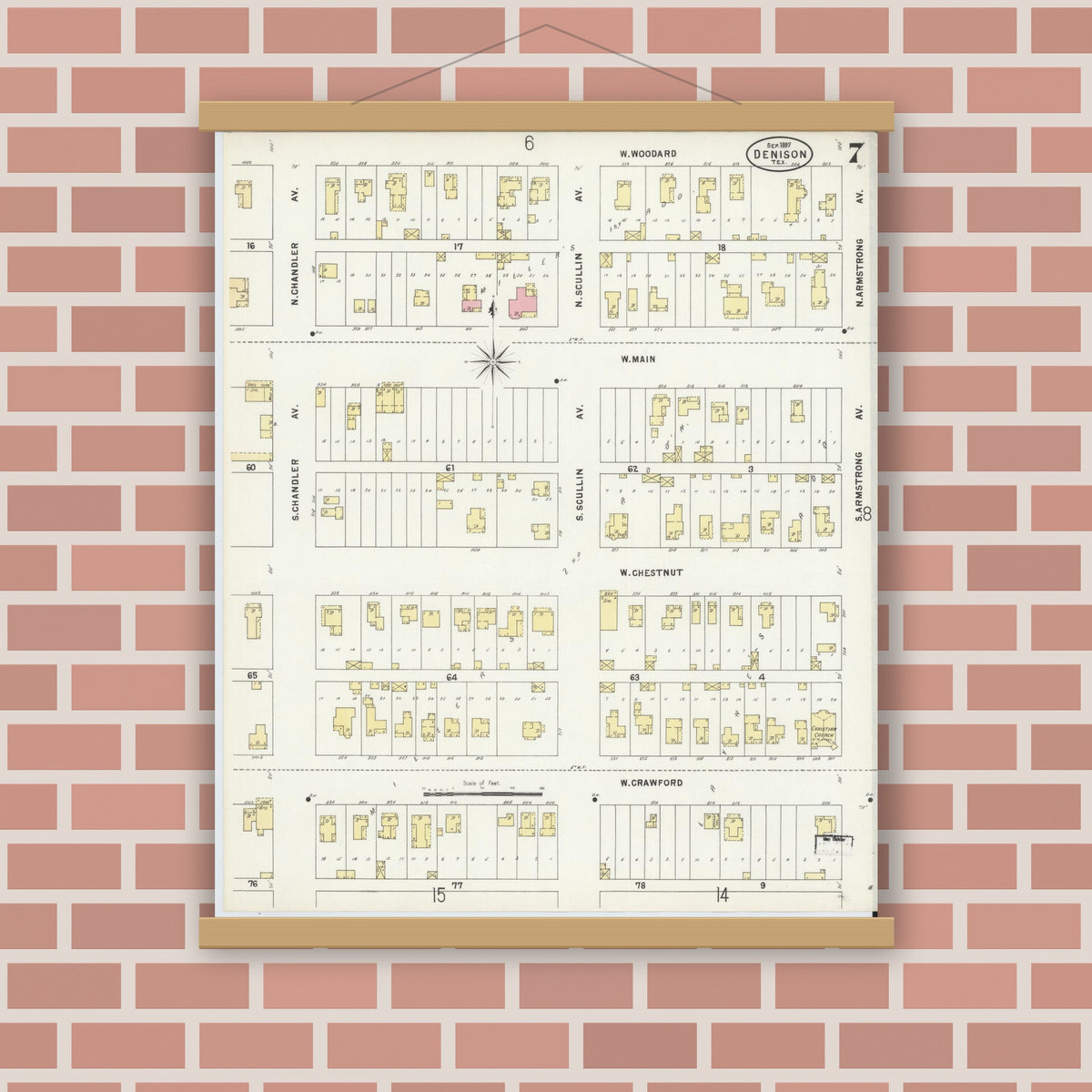 Old map wall art mockup — magnetic wood frame on brick wall — Sanborn Fire Insurance Map from Denison, Grayson County, Texas (1897), Sheet #0007
