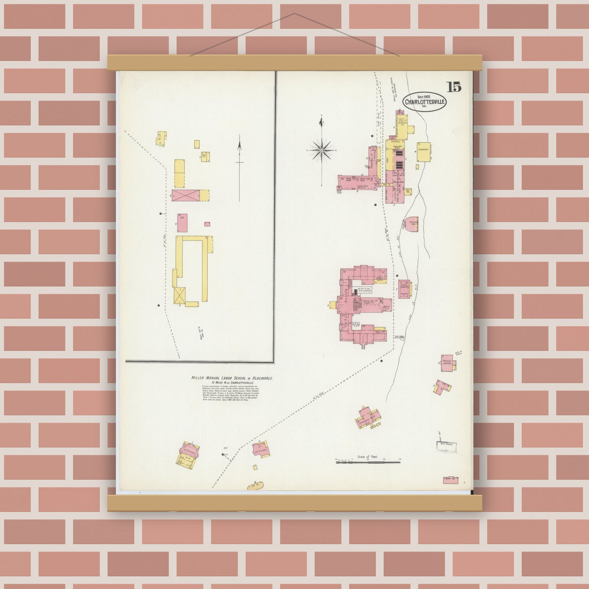 Old map wall art mockup — magnetic wood frame on brick wall — Sanborn Fire Insurance Map from Charlottesville, Independent Cities, Virginia (1902), Sheet #0015
