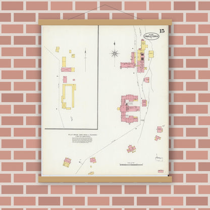 Old map wall art mockup — magnetic wood frame on brick wall — Sanborn Fire Insurance Map from Charlottesville, Independent Cities, Virginia (1902), Sheet #0015