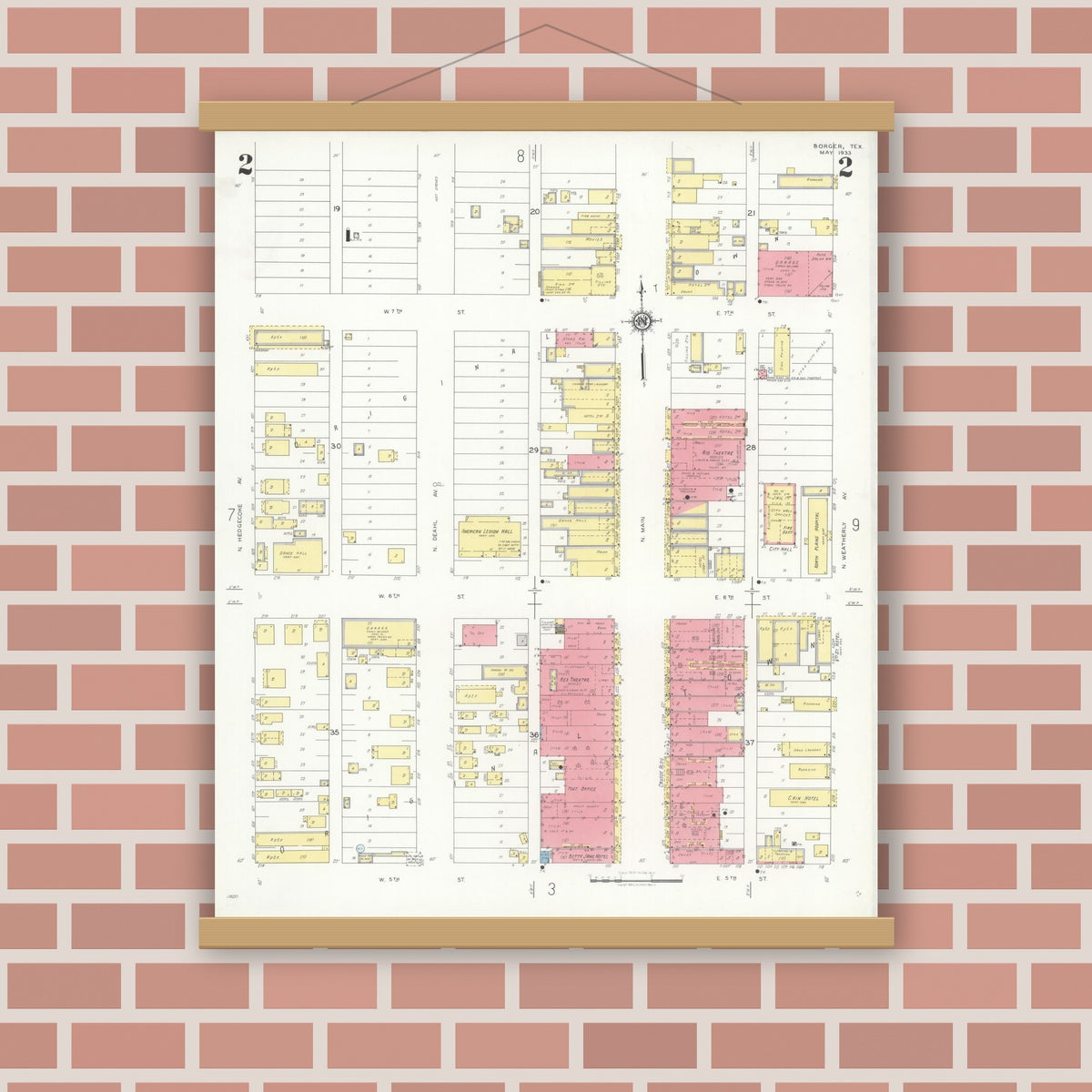 Old map wall art mockup — magnetic wood frame on brick wall — Sanborn Fire Insurance Map from Borger, Hutchinson County, Texas (1933), Sheet #0002