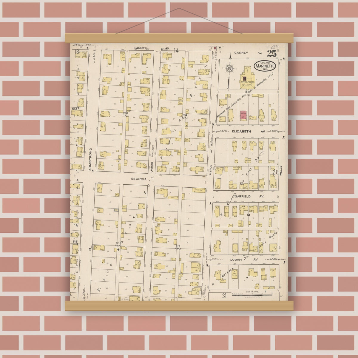 Old map wall art mockup — magnetic wood frame on brick wall — Sanborn Fire Insurance Map from Marinette, Marinette County, Wisconsin (1921), Sheet #0025