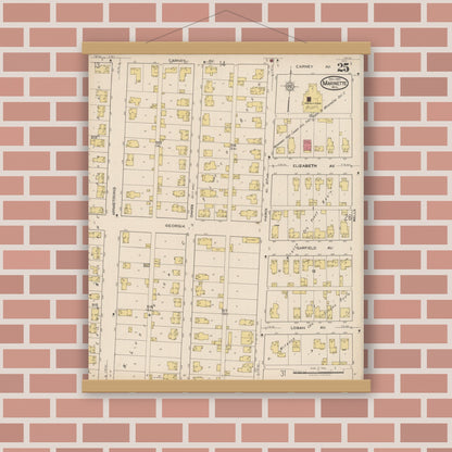 Old map wall art mockup — magnetic wood frame on brick wall — Sanborn Fire Insurance Map from Marinette, Marinette County, Wisconsin (1921), Sheet #0025