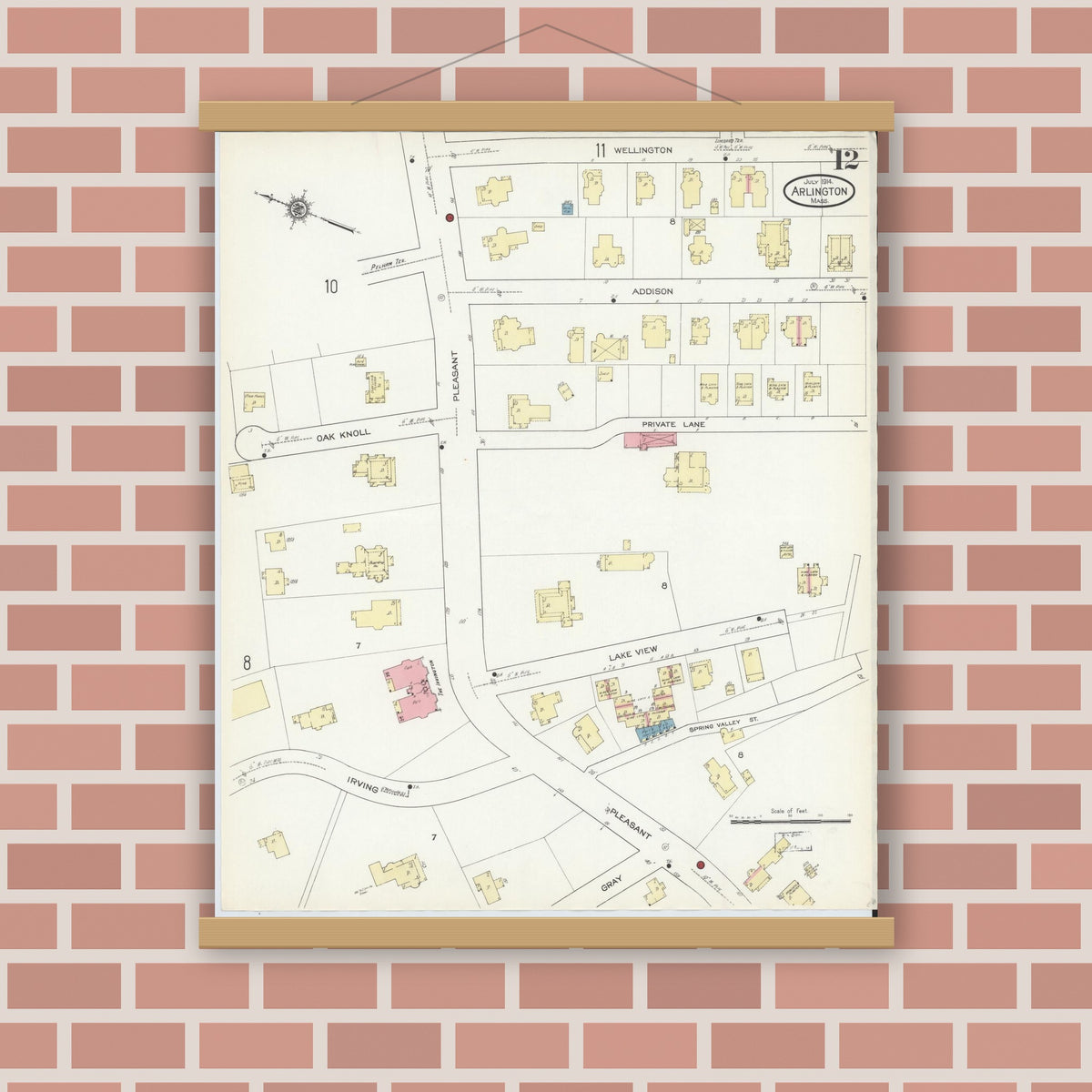 Old map wall art mockup — magnetic wood frame on brick wall — Sanborn Fire Insurance Map from Arlington, Middlesex County, Massachusetts (1914), Sheet #0012