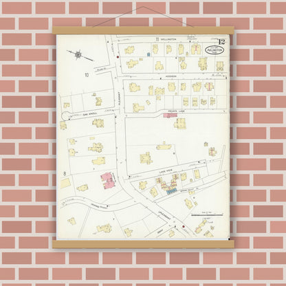 Old map wall art mockup — magnetic wood frame on brick wall — Sanborn Fire Insurance Map from Arlington, Middlesex County, Massachusetts (1914), Sheet #0012