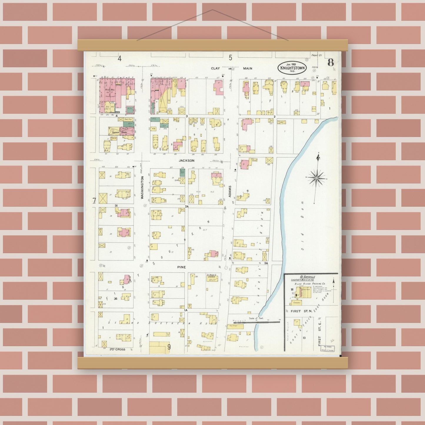 Old map wall art mockup — magnetic wood frame on brick wall — Sanborn Fire Insurance Map from Knightstown, Henry County, Indiana (1909), Sheet #0008