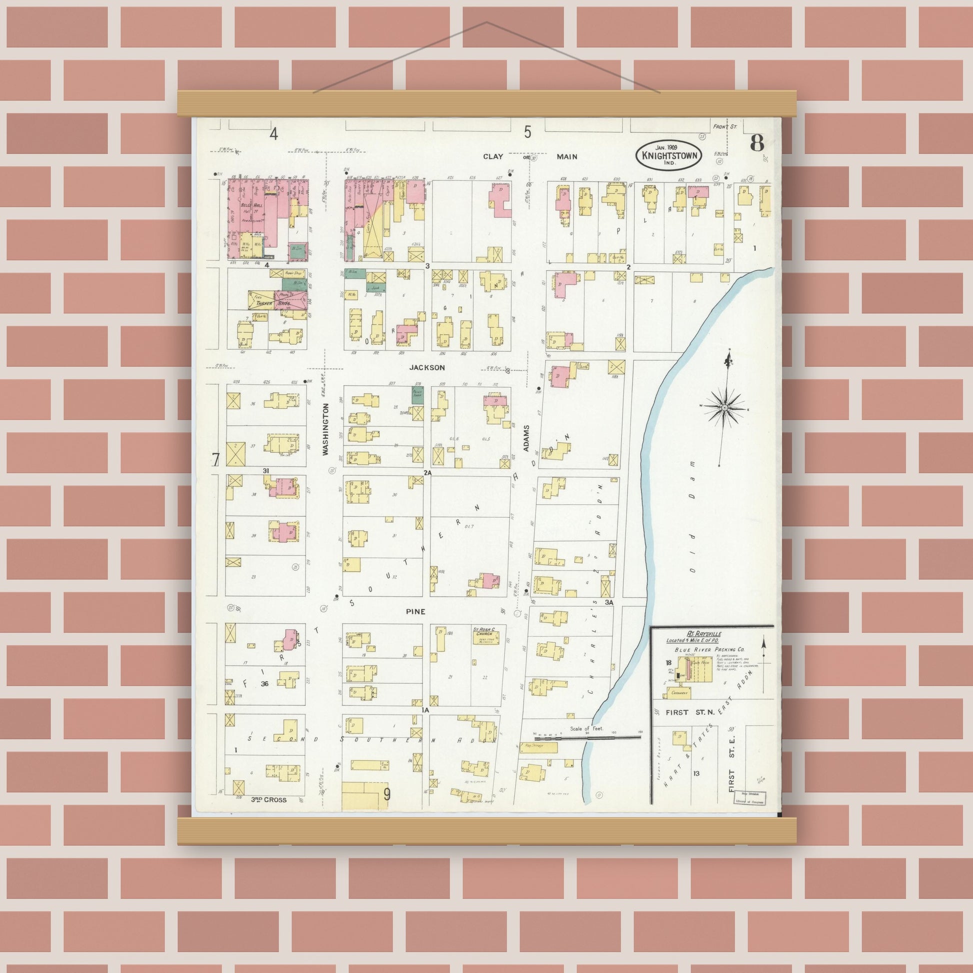 Old map wall art mockup — magnetic wood frame on brick wall — Sanborn Fire Insurance Map from Knightstown, Henry County, Indiana (1909), Sheet #0008