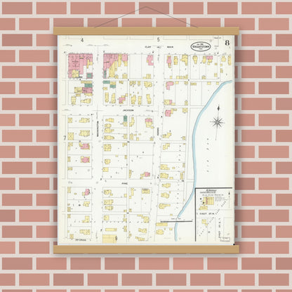 Old map wall art mockup — magnetic wood frame on brick wall — Sanborn Fire Insurance Map from Knightstown, Henry County, Indiana (1909), Sheet #0008