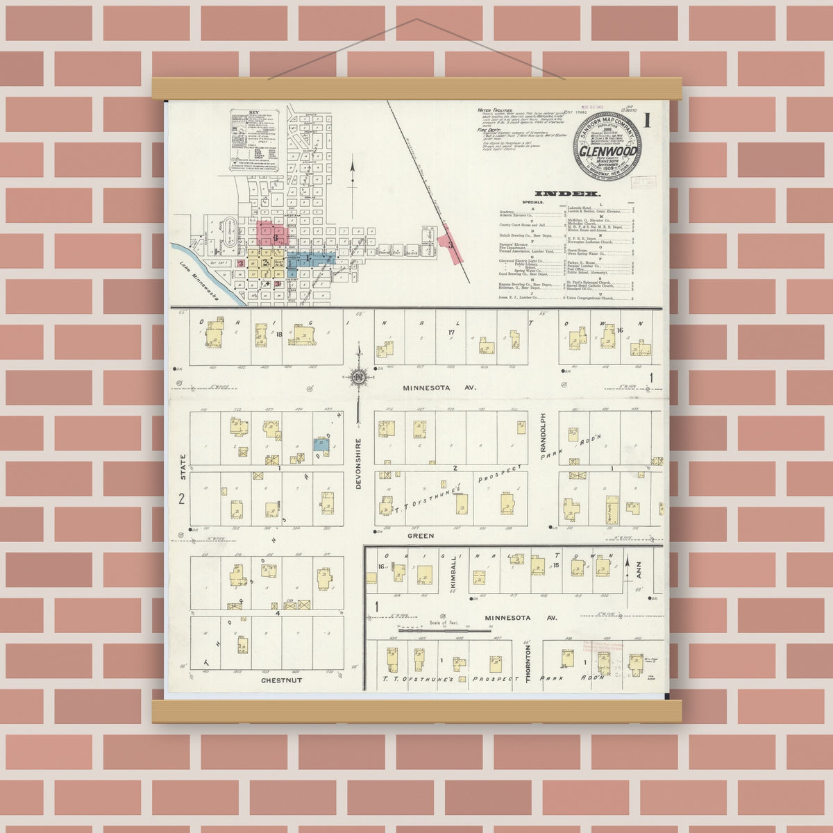 Old map wall art mockup — magnetic wood frame on brick wall — Sanborn Fire Insurance Map from Glenwood, Pope County, Minnesota (1909), Sheet #0001