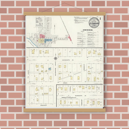 Old map wall art mockup — magnetic wood frame on brick wall — Sanborn Fire Insurance Map from Glenwood, Pope County, Minnesota (1909), Sheet #0001
