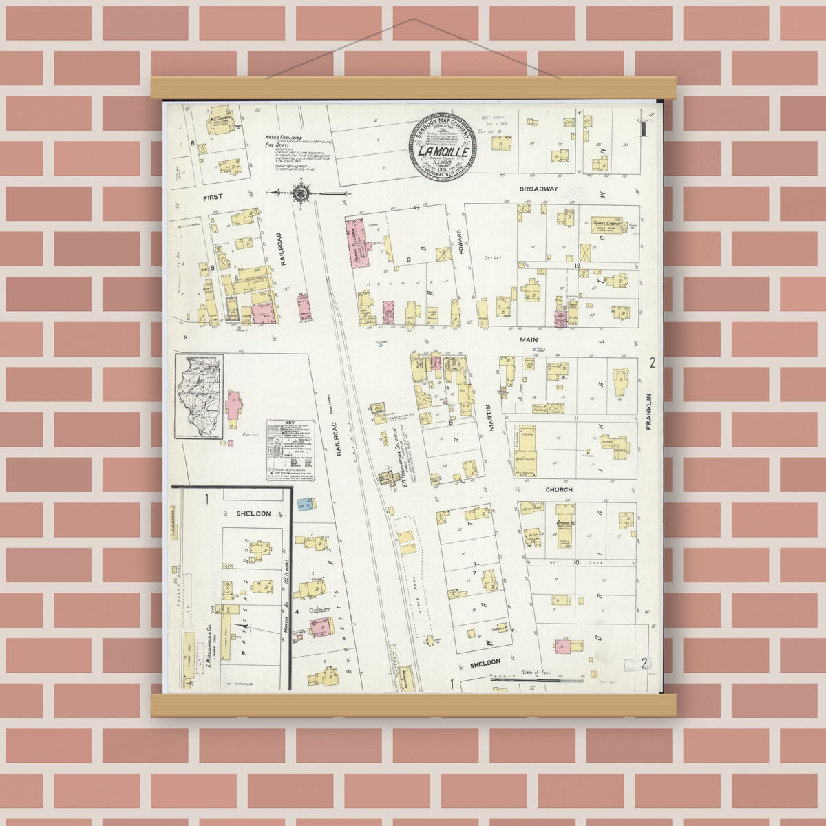 Old map wall art mockup — magnetic wood frame on brick wall — Sanborn Fire Insurance Map from La Moille, Bureau County, Illinois (1913) - Complete Map Set