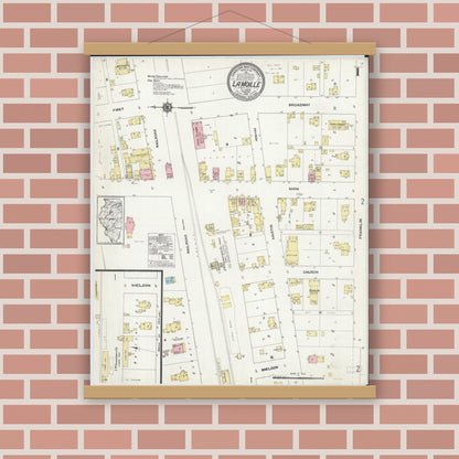 Old map wall art mockup — magnetic wood frame on brick wall — Sanborn Fire Insurance Map from La Moille, Bureau County, Illinois (1913) - Complete Map Set