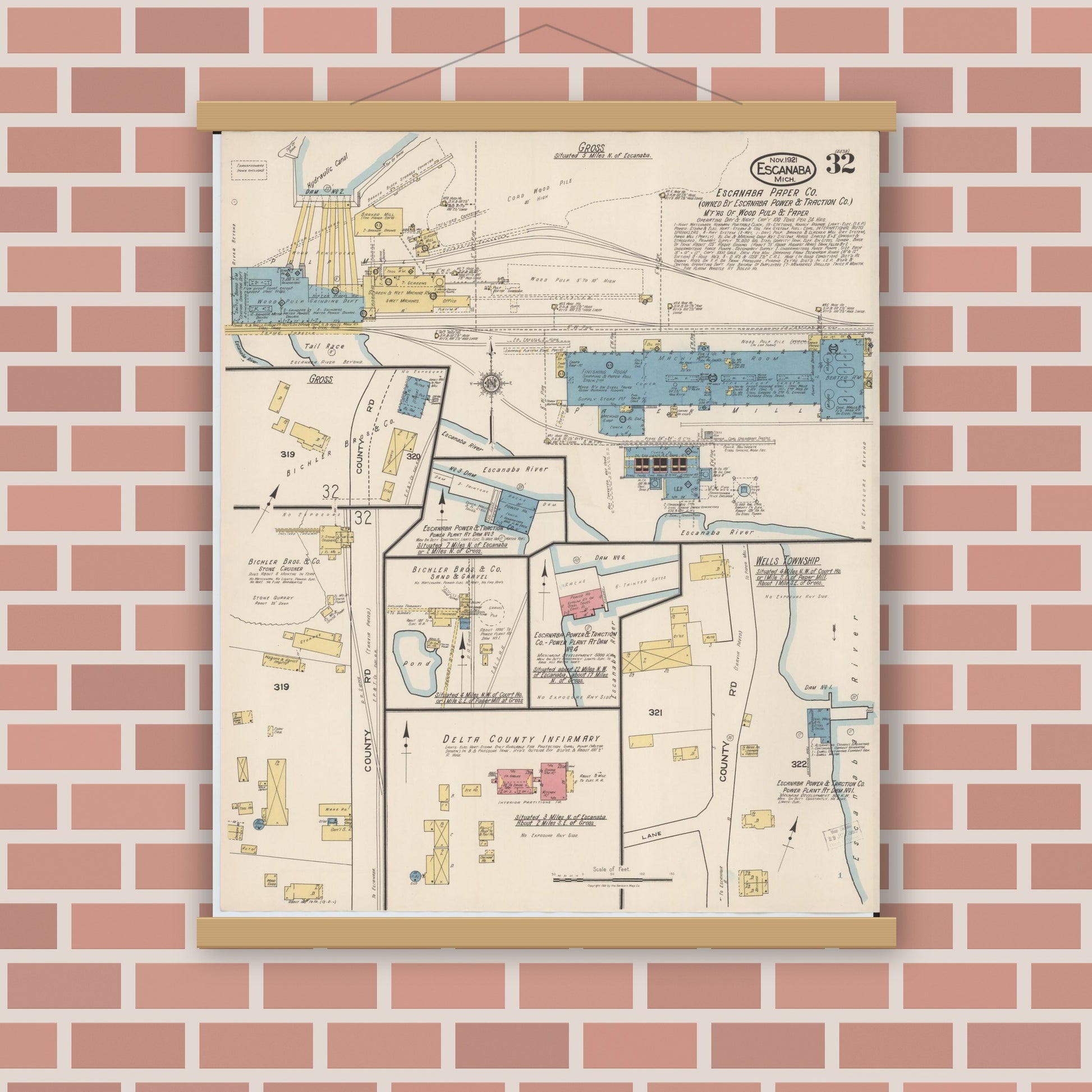 Old map wall art mockup — magnetic wood frame on brick wall — Sanborn Fire Insurance Map from Escanaba, Delta County, Michigan (1921), Sheet #0032