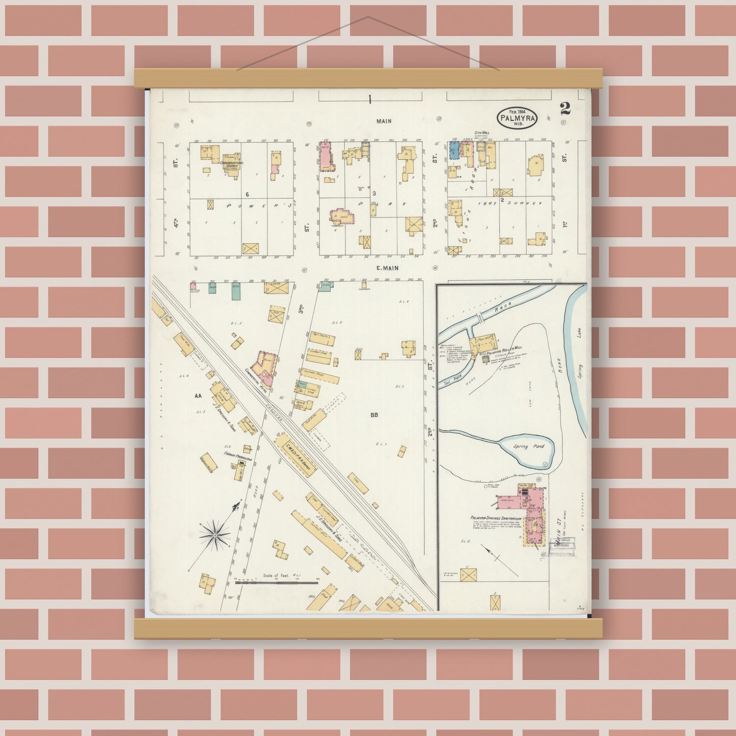 Old map wall art mockup — magnetic wood frame on brick wall — Sanborn Fire Insurance Map from Palmyra, Jefferson County, Wisconsin (1904), Sheet #0002