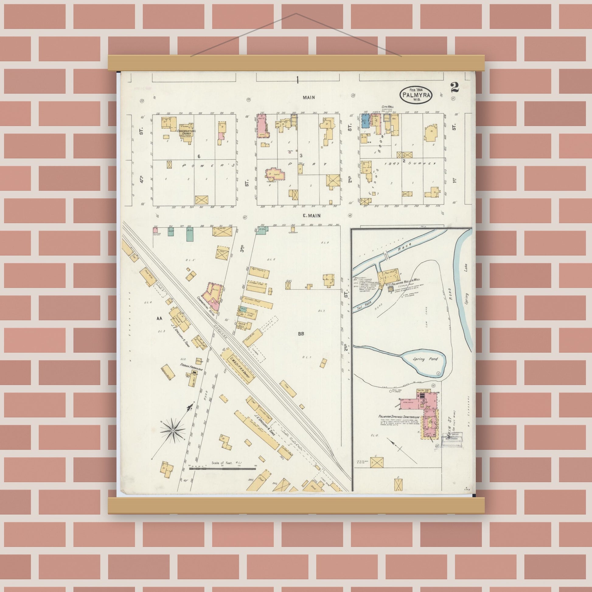 Old map wall art mockup — magnetic wood frame on brick wall — Sanborn Fire Insurance Map from Palmyra, Jefferson County, Wisconsin (1904), Sheet #0002