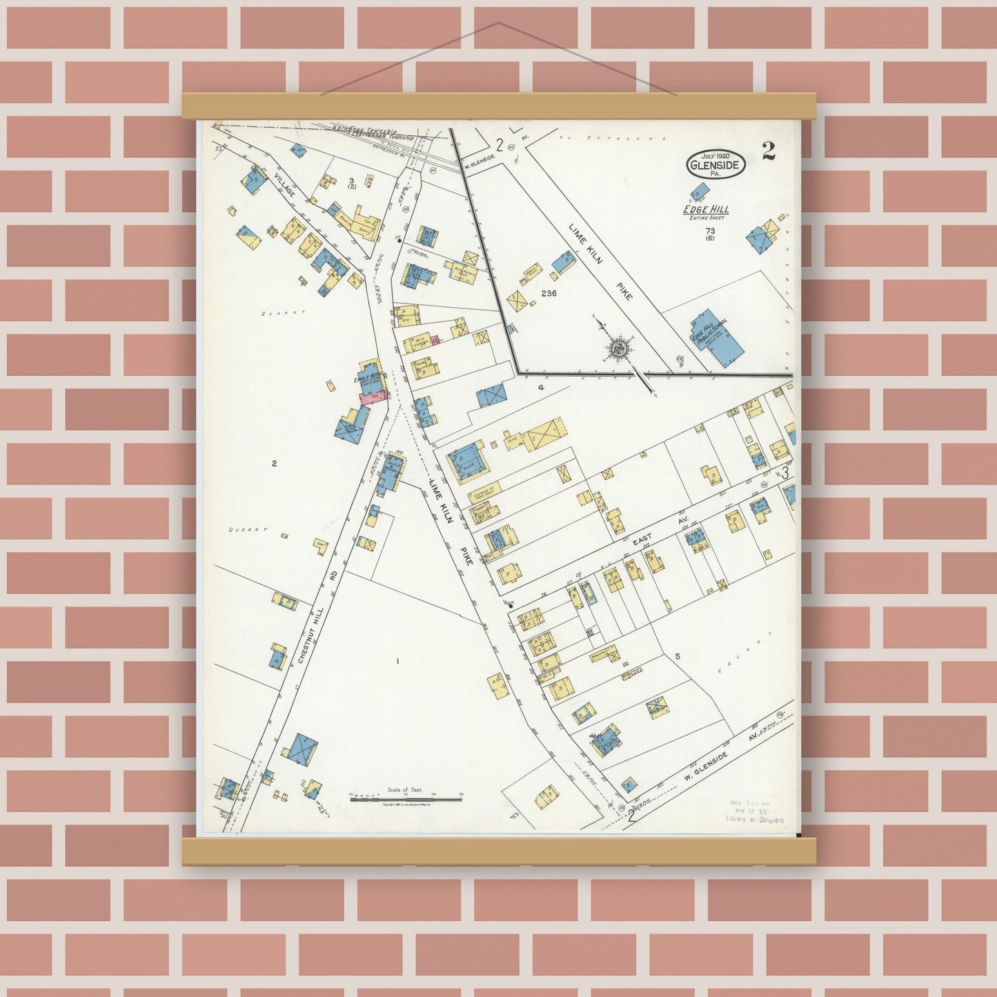 Old map wall art mockup — magnetic wood frame on brick wall — Sanborn Fire Insurance Map from Glenside, Montgomery County, Pennsylvania (1920), Sheet #0002