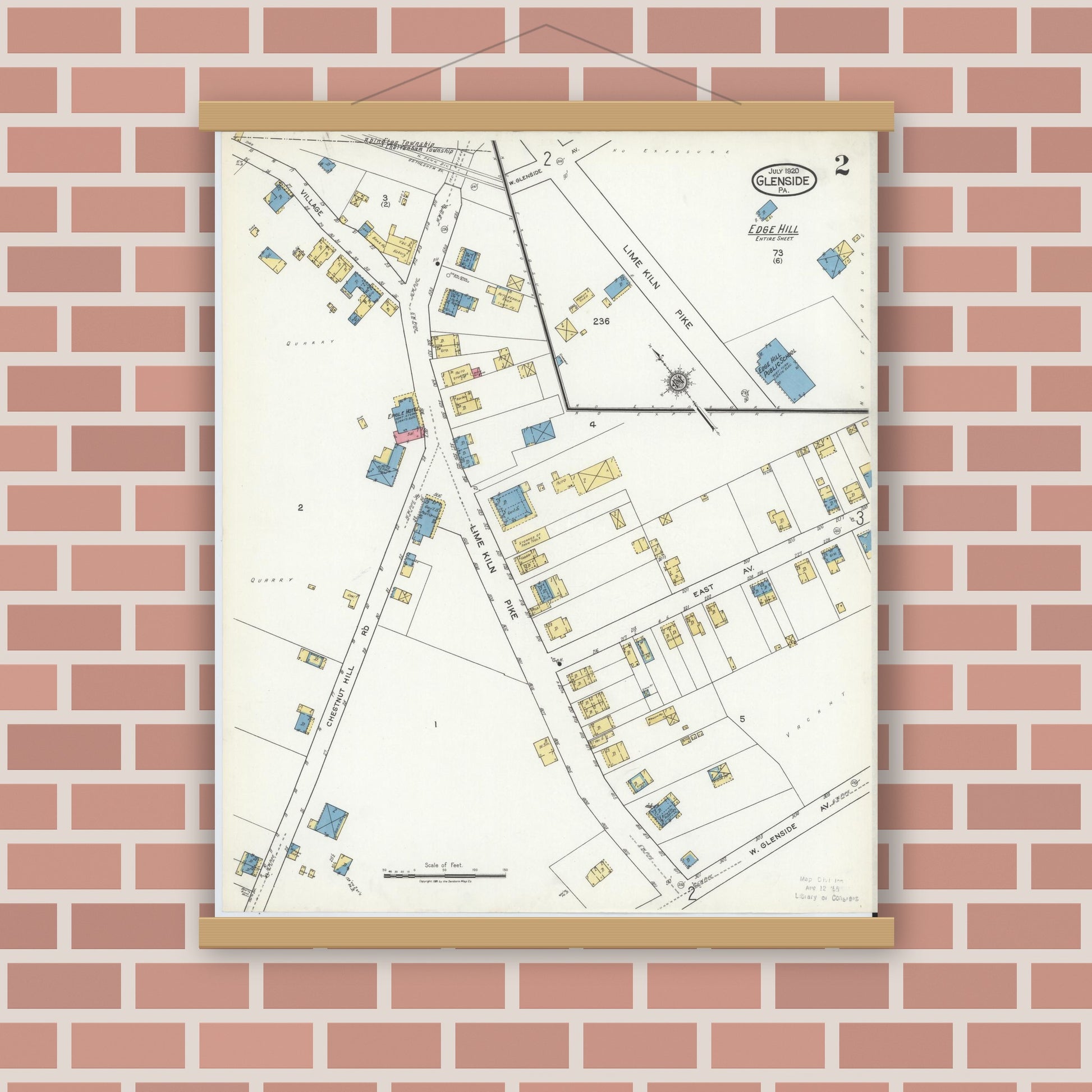 Old map wall art mockup — magnetic wood frame on brick wall — Sanborn Fire Insurance Map from Glenside, Montgomery County, Pennsylvania (1920), Sheet #0002