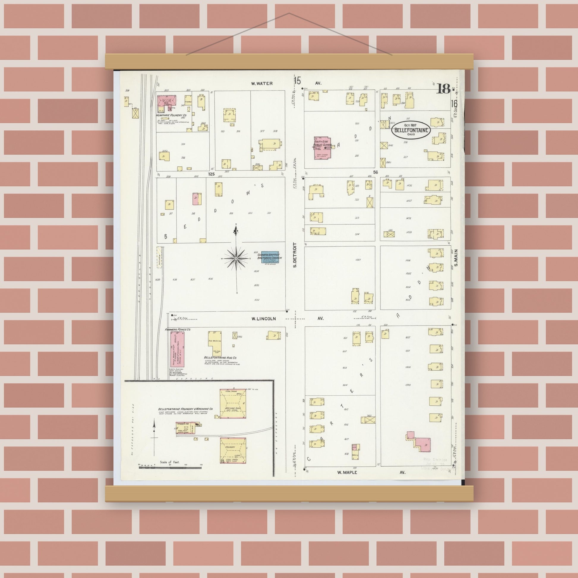 Old map wall art mockup — magnetic wood frame on brick wall — Sanborn Fire Insurance Map from Bellefontaine, Logan County, Ohio (1907), Sheet #0018