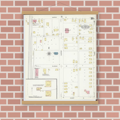 Old map wall art mockup — magnetic wood frame on brick wall — Sanborn Fire Insurance Map from Bellefontaine, Logan County, Ohio (1907), Sheet #0018