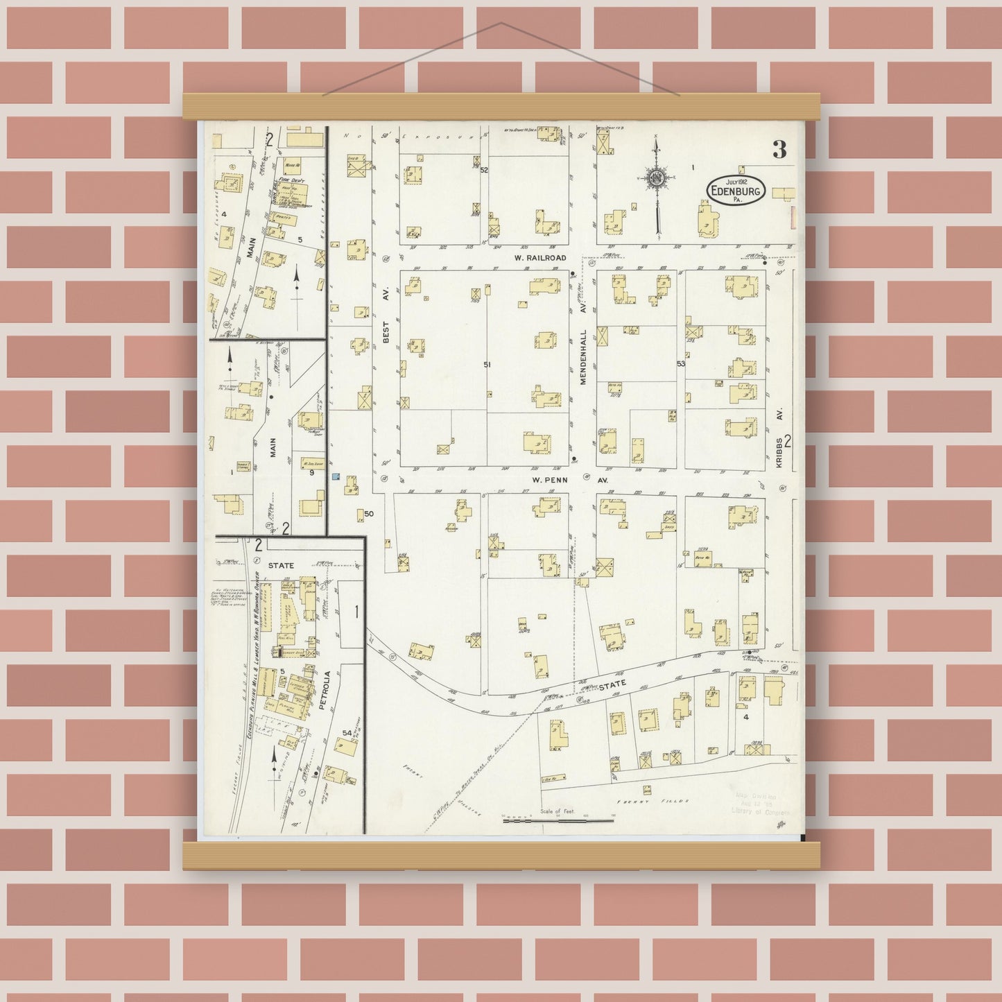 Old map wall art mockup — magnetic wood frame on brick wall — Sanborn Fire Insurance Map from Edenburg, Clarion County, Pennsylvania (1912), Sheet #0003