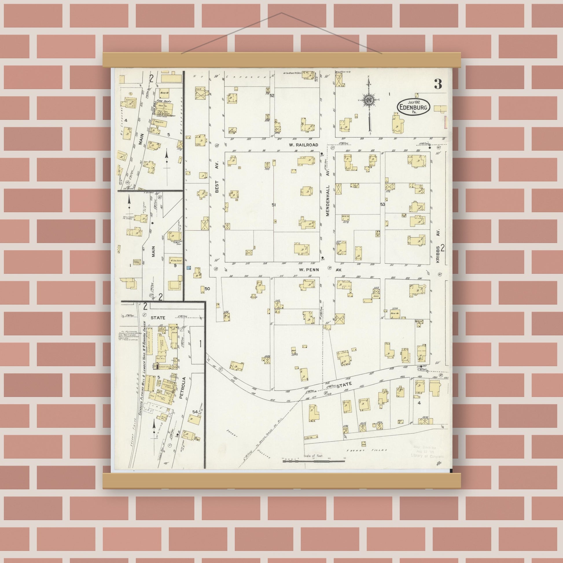 Old map wall art mockup — magnetic wood frame on brick wall — Sanborn Fire Insurance Map from Edenburg, Clarion County, Pennsylvania (1912), Sheet #0003