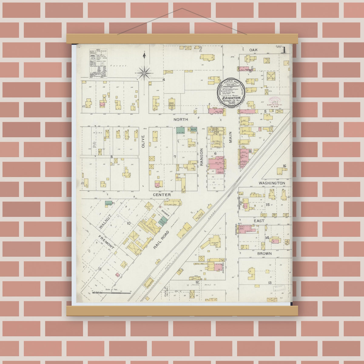 Old map wall art mockup — magnetic wood frame on brick wall — Sanborn Fire Insurance Map from Brighton, Macoupin County, Illinois (1894), Sheet #0001