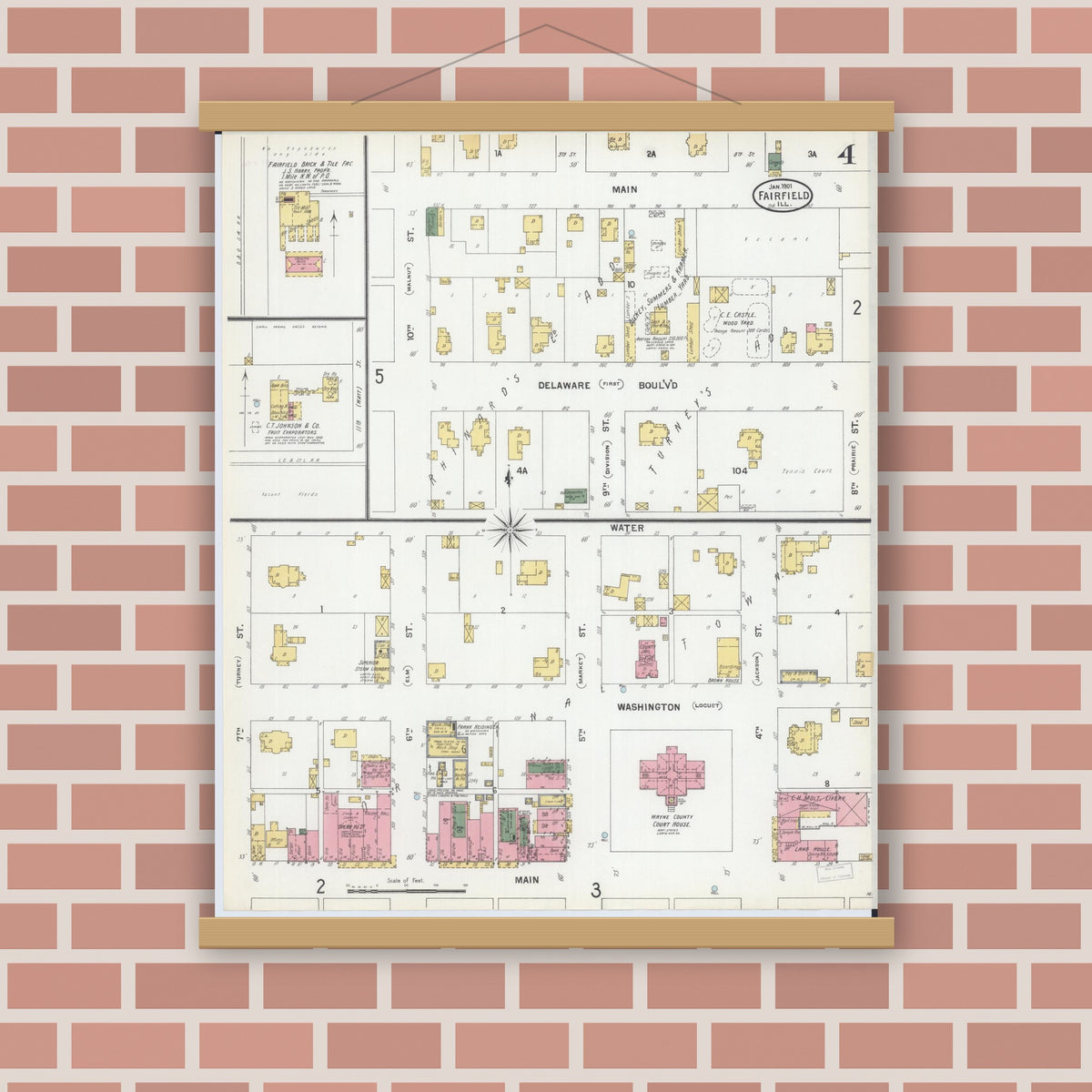 Old map wall art mockup — magnetic wood frame on brick wall — Sanborn Fire Insurance Map from Fairfield, Wayne County, Illinois (1901), Sheet #0004