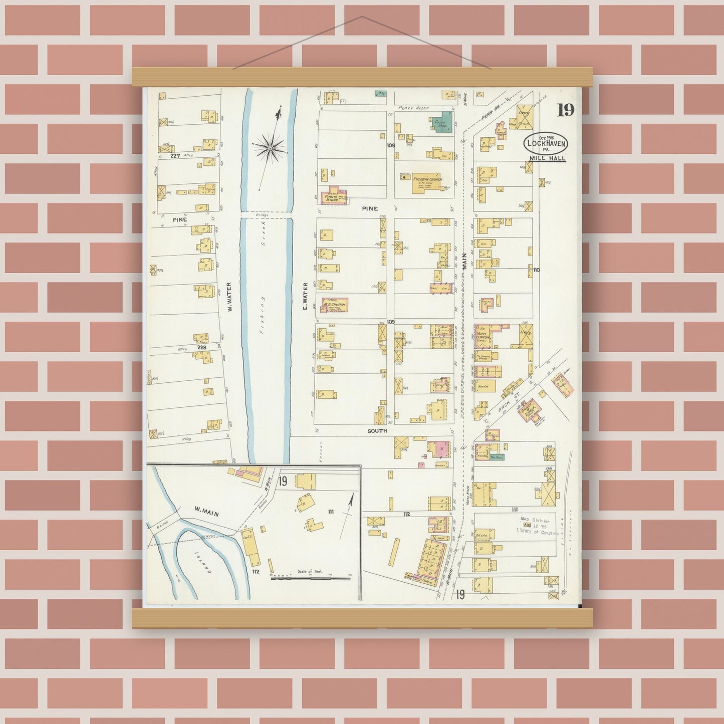 Old map wall art mockup — magnetic wood frame on brick wall — Sanborn Fire Insurance Map from Lock Haven, Clinton County, Pennsylvania (1906), Sheet #0019