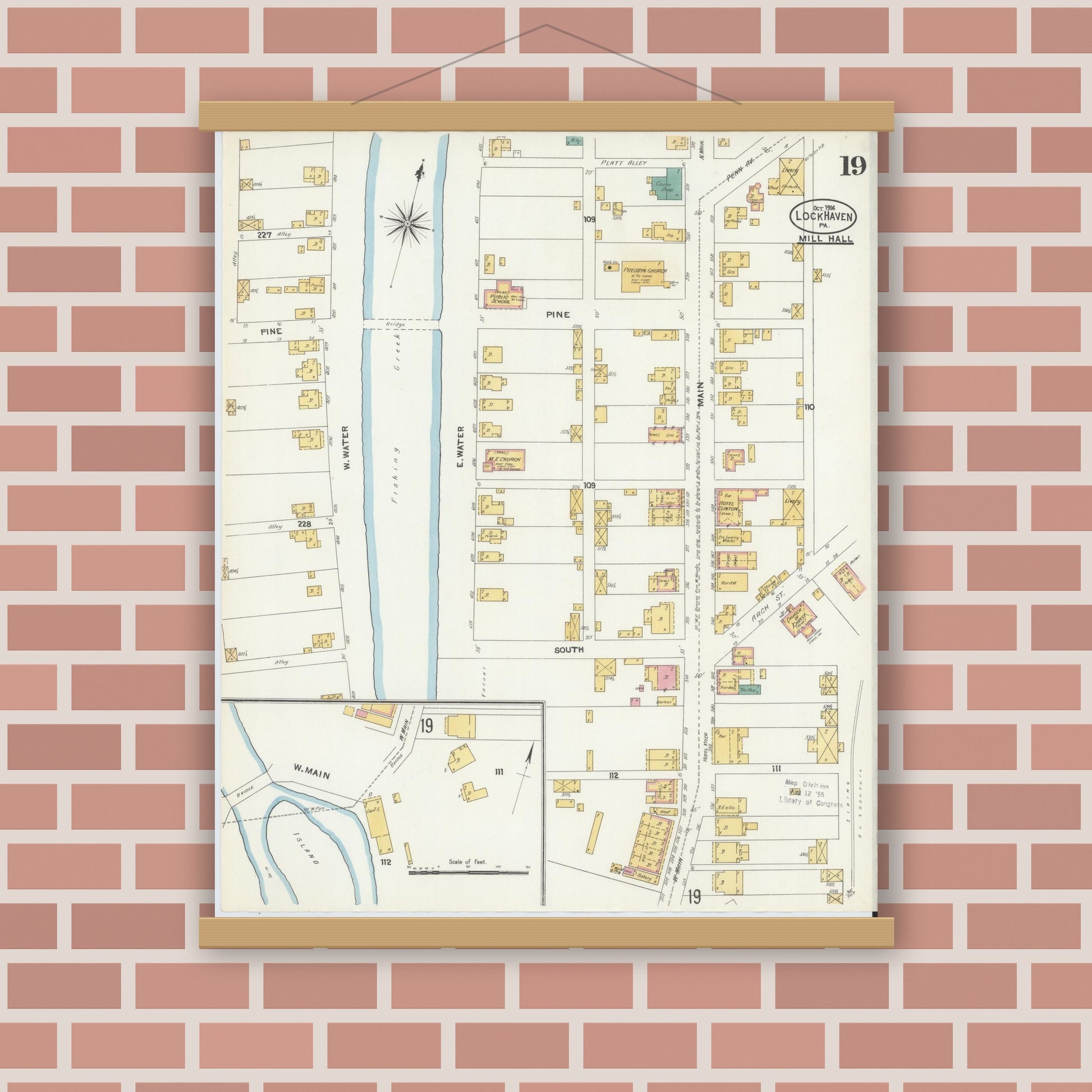 Old map wall art mockup — magnetic wood frame on brick wall — Sanborn Fire Insurance Map from Lock Haven, Clinton County, Pennsylvania (1906), Sheet #0019