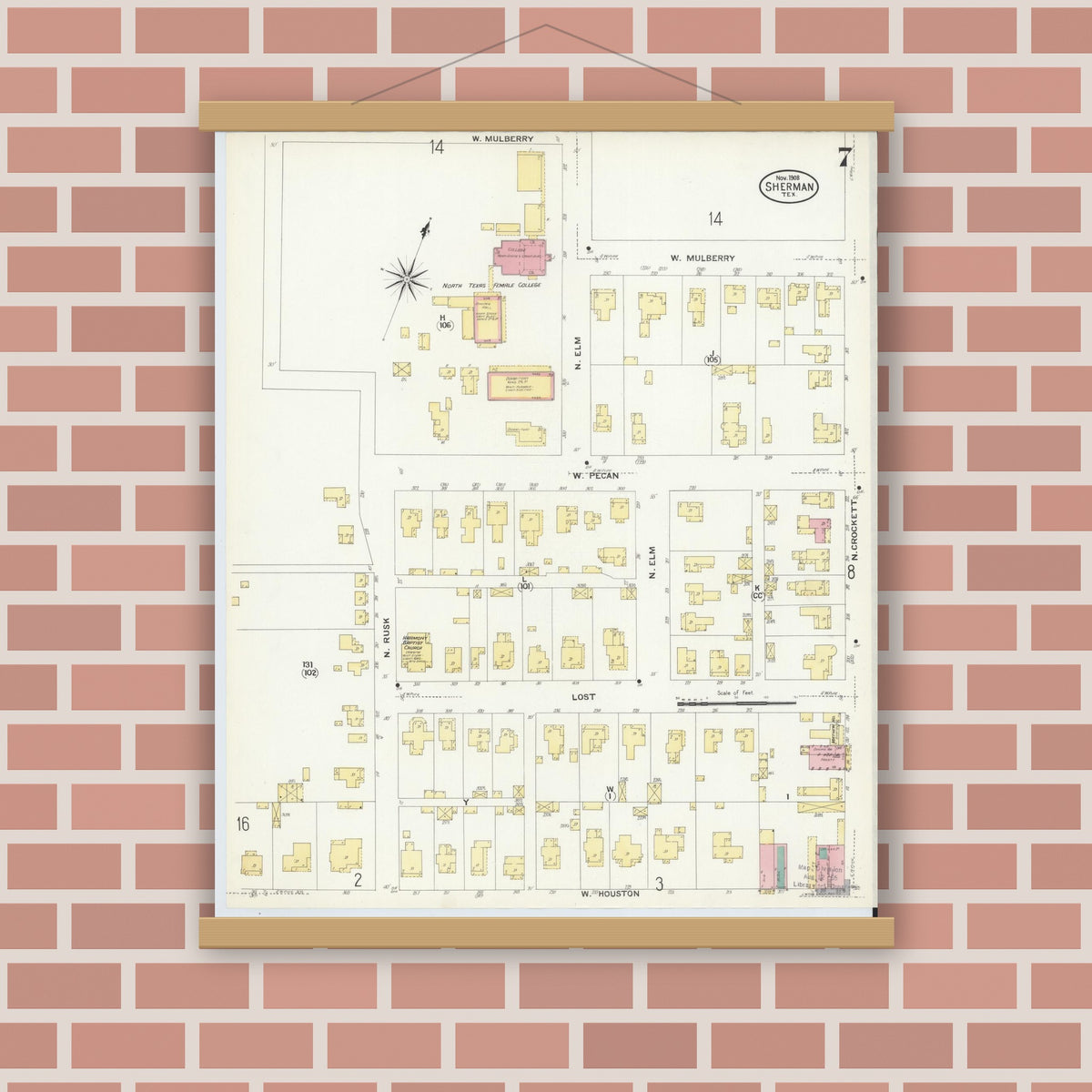Old map wall art mockup — magnetic wood frame on brick wall — Sanborn Fire Insurance Map from Sherman, Grayson County, Texas (1908), Sheet #0007