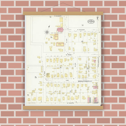Old map wall art mockup — magnetic wood frame on brick wall — Sanborn Fire Insurance Map from Sherman, Grayson County, Texas (1908), Sheet #0007